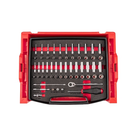 Tekton 58pc 1/4 In Dr 12pt Socket and Ratchet Set with Open Top Drawer and Rack 5/32-9/16 in., 4-15 mm OLB94304